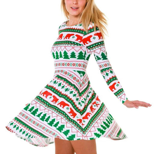 Kerstjurk van bedrukte tricot met lange mouwen en wijde rok