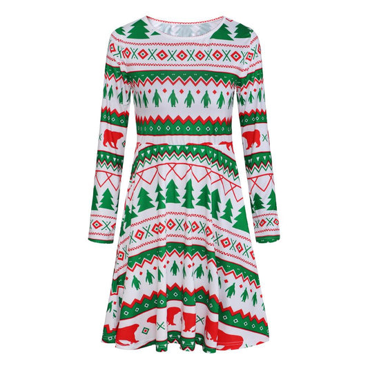 Kerstjurk van bedrukte tricot met lange mouwen en wijde rok - wit met kerstbomen en ijsberen