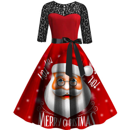 Holly - Retro Kerstjurk - Santa Claus Print - Polyester/Kant