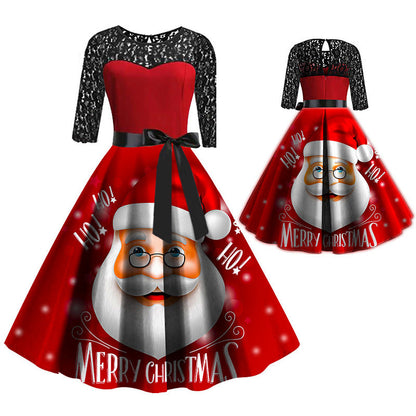 Holly - Retro Kerstjurk - Santa Claus Print - Polyester/Kant