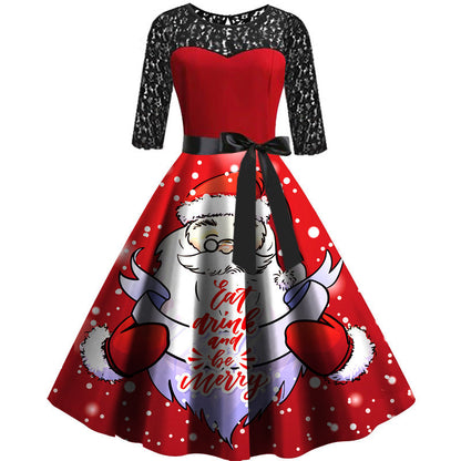 Holly - Retro Kerstjurk - Santa Claus Print - Polyester/Kant