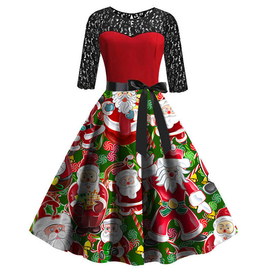 Kerstjurk met zwarte kanten mouwen, rood lijfje en wijde rok met kerstmanprint - groen met kerstmancollage