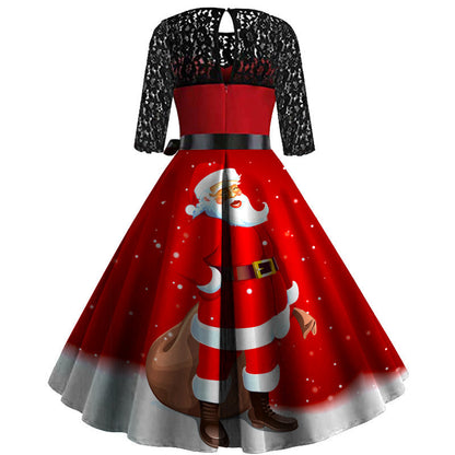 Herziene producttitel: Catherine - Vintage Kerstjurk - Rood - Polyester/Kant - Met Kerstprint en Strik