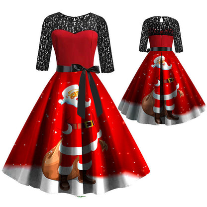 Herziene producttitel: Catherine - Vintage Kerstjurk - Rood - Polyester/Kant - Met Kerstprint en Strik