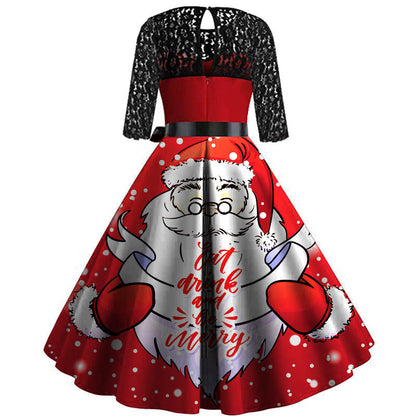 Bella Vintage Kerstjurk - Rood/Wit - Polyester en Kant - Dessin met Strik