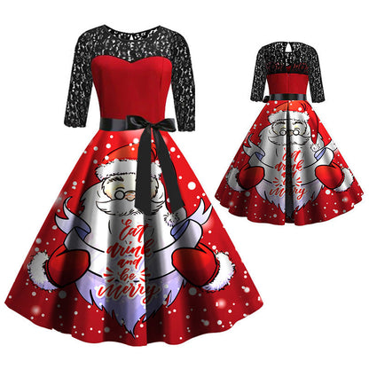 Bella Vintage Kerstjurk - Rood/Wit - Polyester en Kant - Dessin met Strik