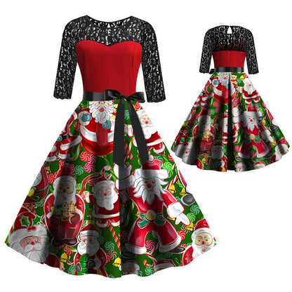 Jasmine - Vintage Kerstjurk - Groen - Ronde Hals - Polyester en Kant