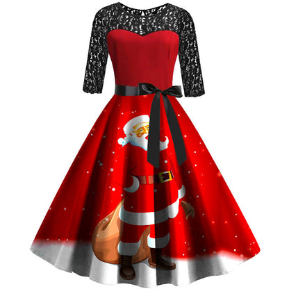 Herziene producttitel: Catherine - Vintage Kerstjurk - Rood - Polyester/Kant - Met Kerstprint en Strik