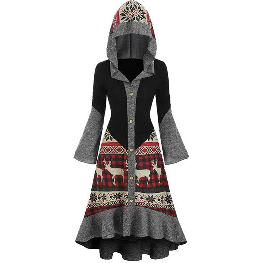 Lange kerstjurk voor dames met capuchon, noorse print en grijze klokmouwen - zwart met noorse print