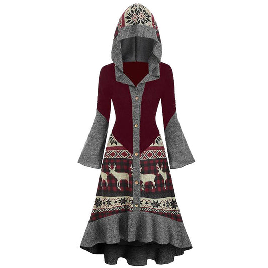 Lange kerstjurk voor dames met capuchon, noorse print en grijze klokmouwen - bordeaux met noorse print