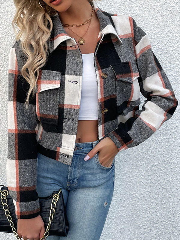 Geruit cropped jack dames met puntkraag en twee kleppenzakken