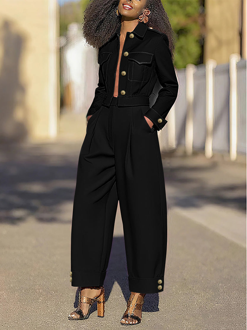 Cropped utility jack dames met revers en kleppenzakken - zwart