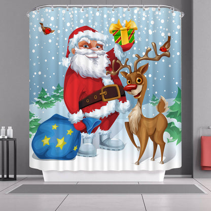 Stoffen kerstdouchegordijn van 180 x 180 cm met kerstprint in een badkamer - kerstman met rendier in de sneeuw