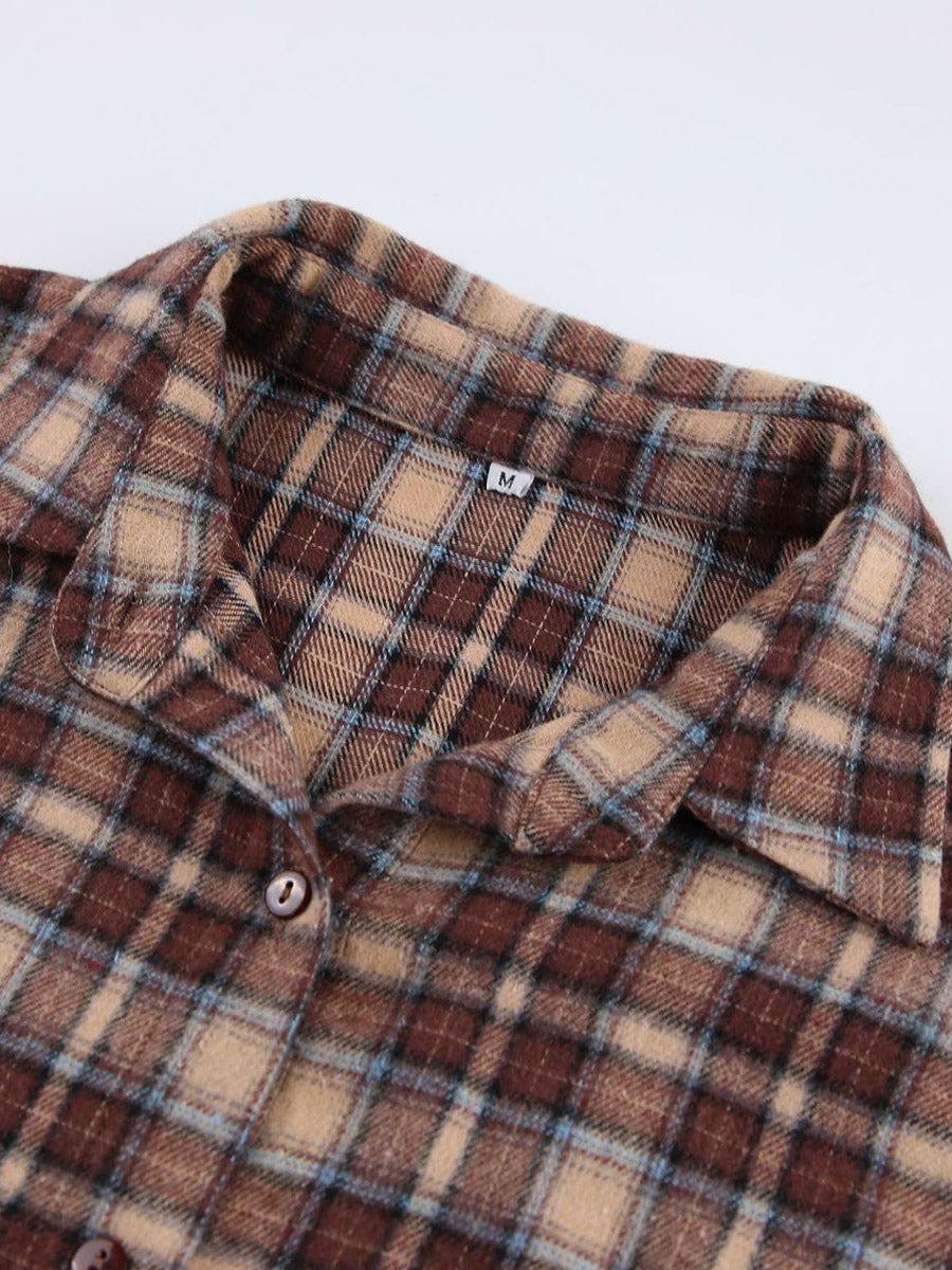 Oversized bruin geruit overshirt met contrastkraag en borstzakken