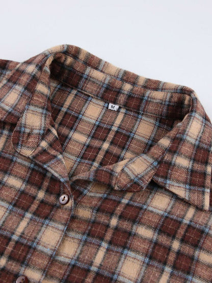 Oversized bruin geruit overshirt met contrastkraag en borstzakken