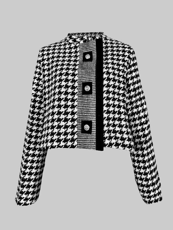 Cropped zwart-wit pied de poule damesjack met opstaande kraag