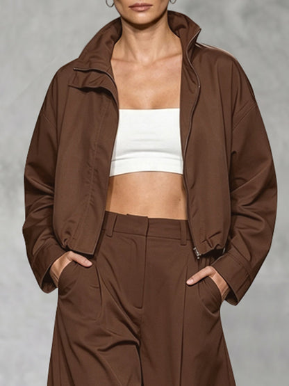 Cropped jack dames met rits, opstaande kraag en wijde mouwen - koffiebruin
