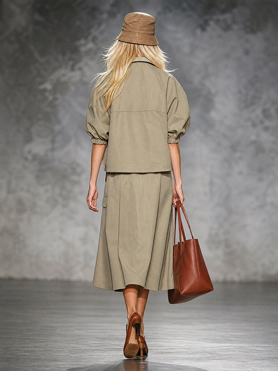 Khaki jack dames met roestkleurige bies en pofmouwen