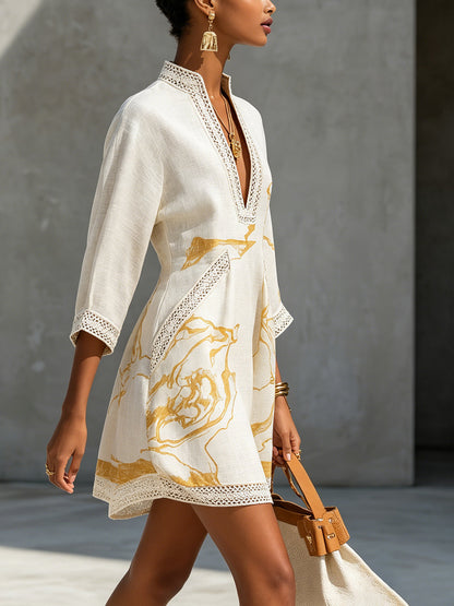 Tuniekjurk met gouden print en gehaakte bies - detailfoto