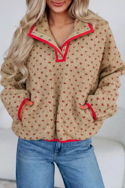 Fleece trui dames met hartjes in Camel