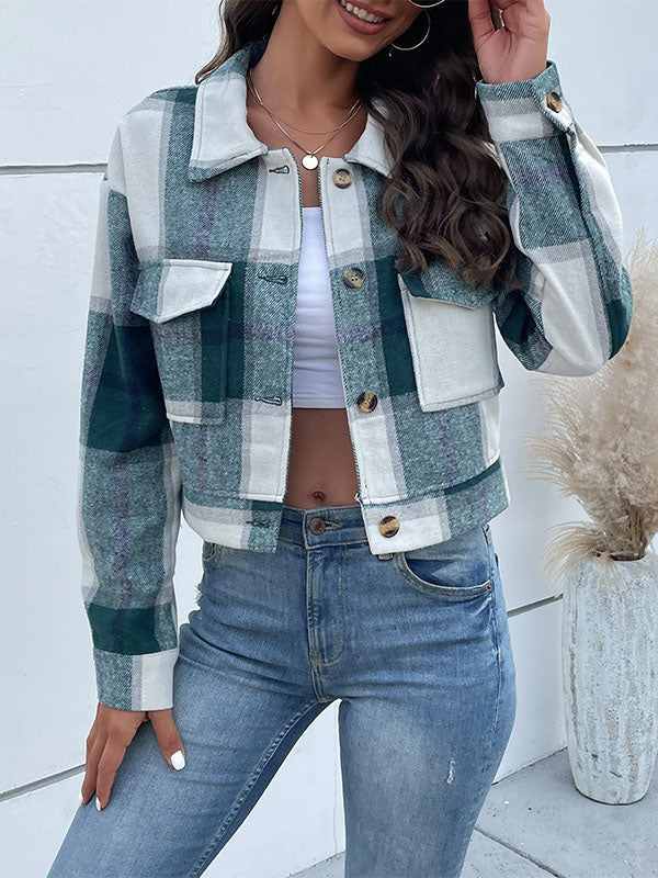 Geruit cropped jack dames met puntkraag en twee kleppenzakken - groen