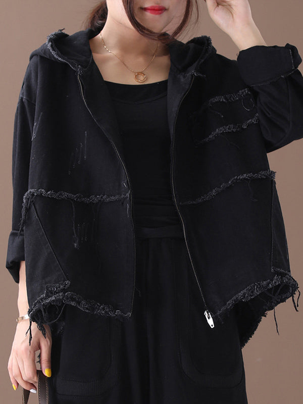 Oversized jack dames van gewassen katoen met capuchon en rafelnaden - zwart
