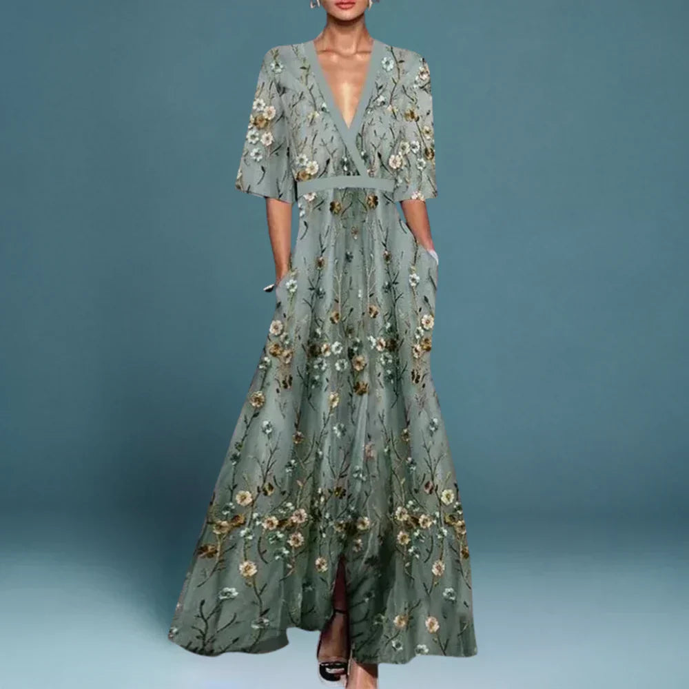 Elegante maxi jurk met bloemenprint dames - vrouwelijke stijlvolle lange jurk