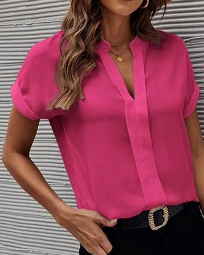 Rosa Blouse - Chiffon V-hals - Korte Mouwen - Effen Patroon