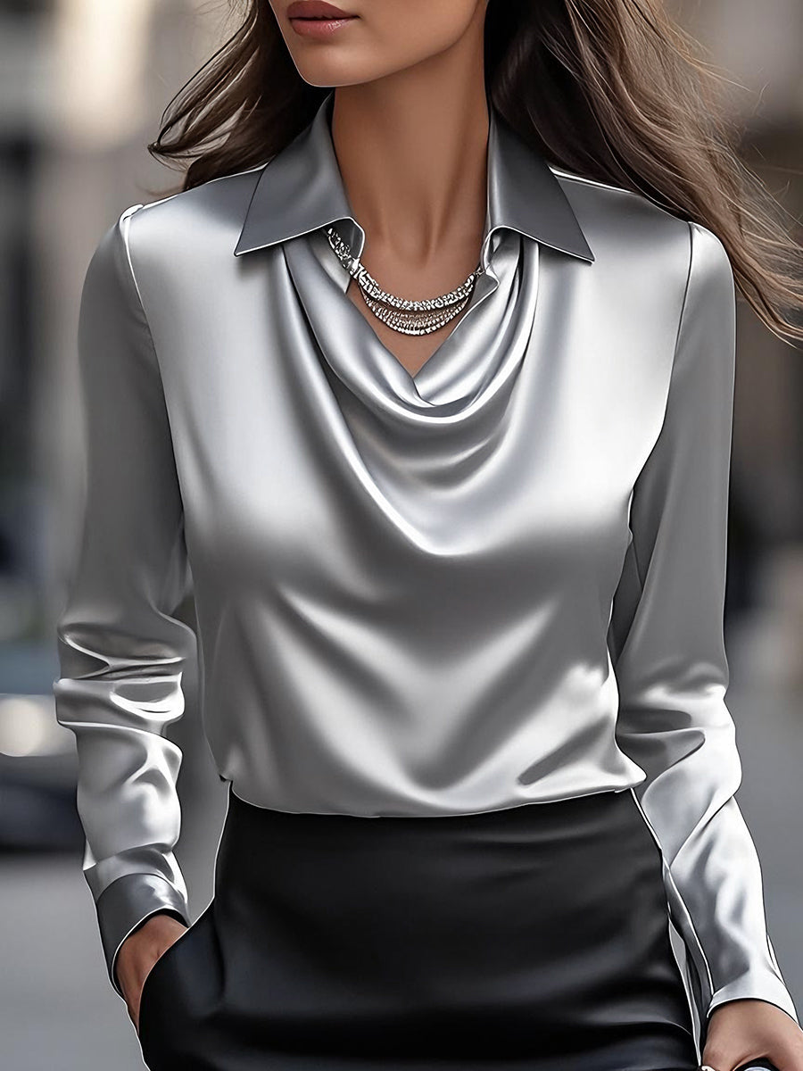 Witte Satijnen Blouse met Gedrapeerde Halslijn – Elegant, Comfortabel en Stijlvol