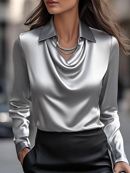 Witte Satijnen Blouse met Gedrapeerde Halslijn – Elegant, Comfortabel en Stijlvol