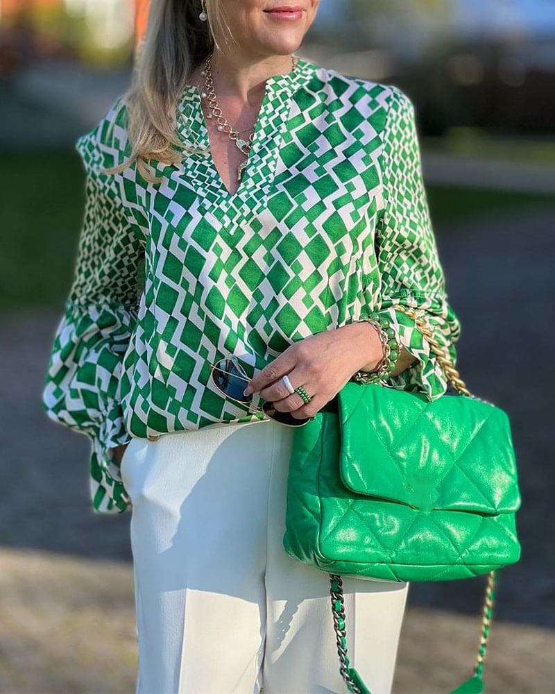 Ella Blouse - Groen met Lange Mouwen en V-Hals - Elegant en Stijlvol - Comfortabel Katoen