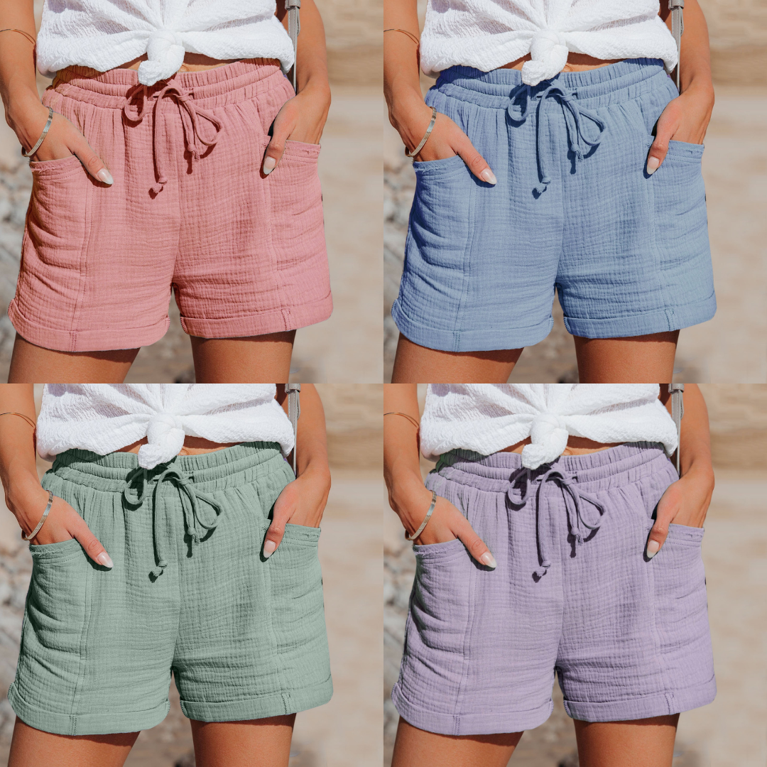 Katoenen short dames in roze, blauw, groen en paars naast elkaar