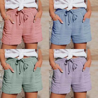 Katoenen short dames in roze, blauw, groen en paars naast elkaar