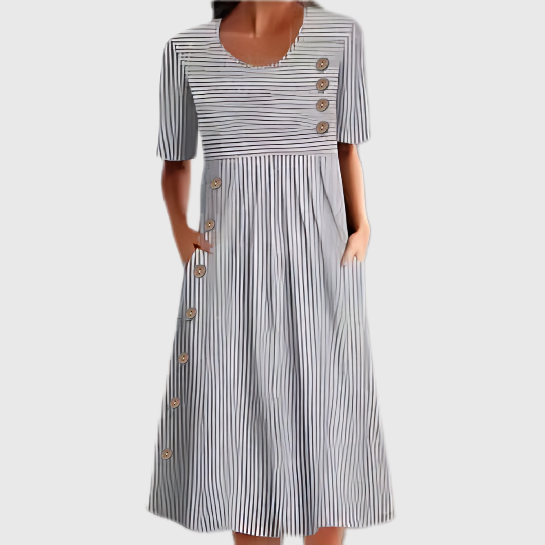 Gestreepte midi jurk dames met decoratieve knoopdetails - foto 2
