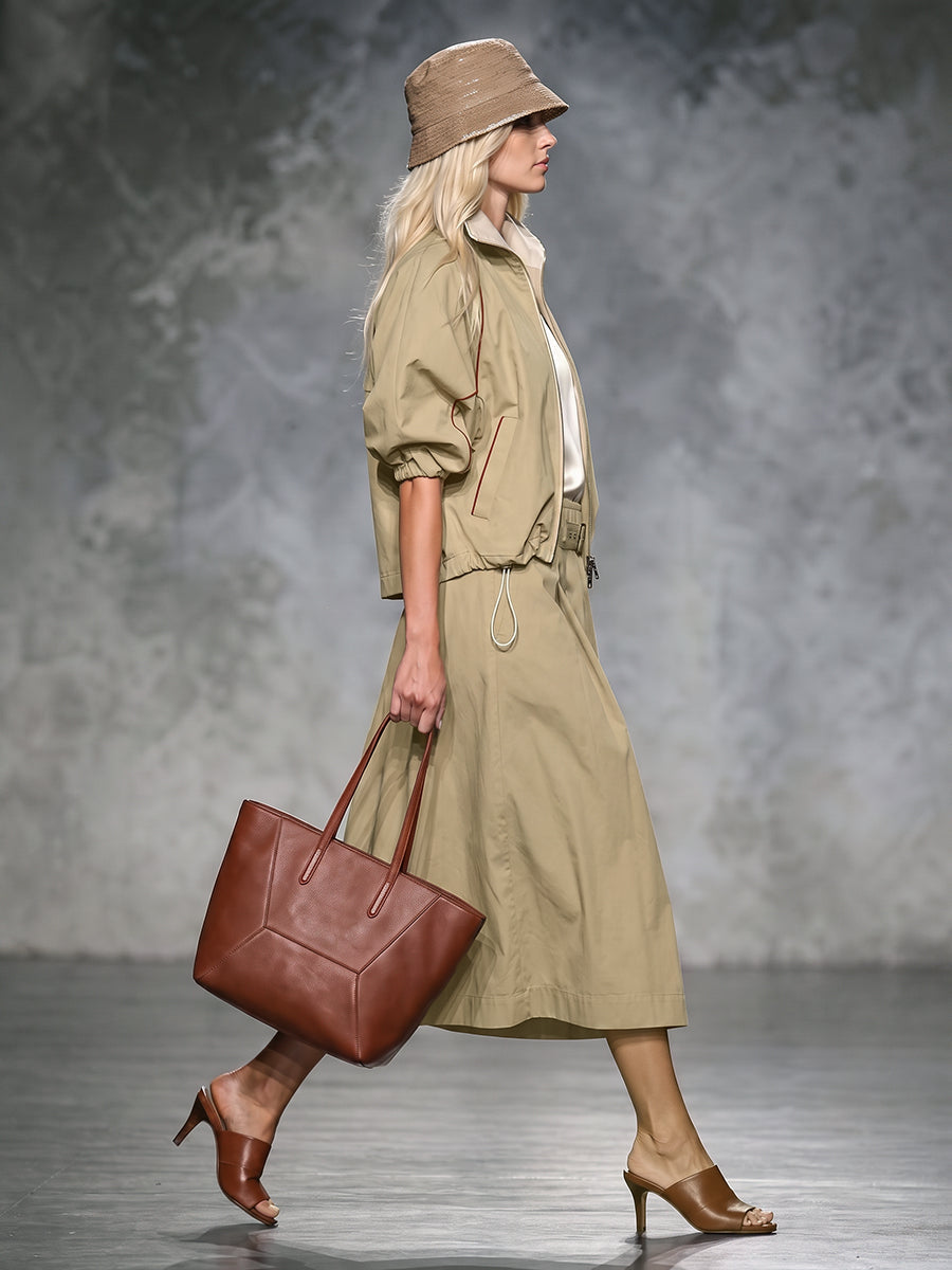 Khaki jack dames met roestkleurige bies en pofmouwen