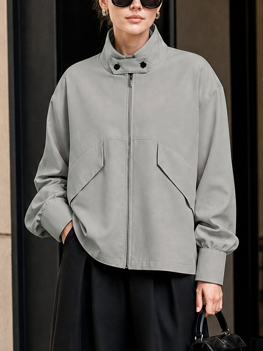 Oversized grijs damesjack met hoge opstaande kraag en rits