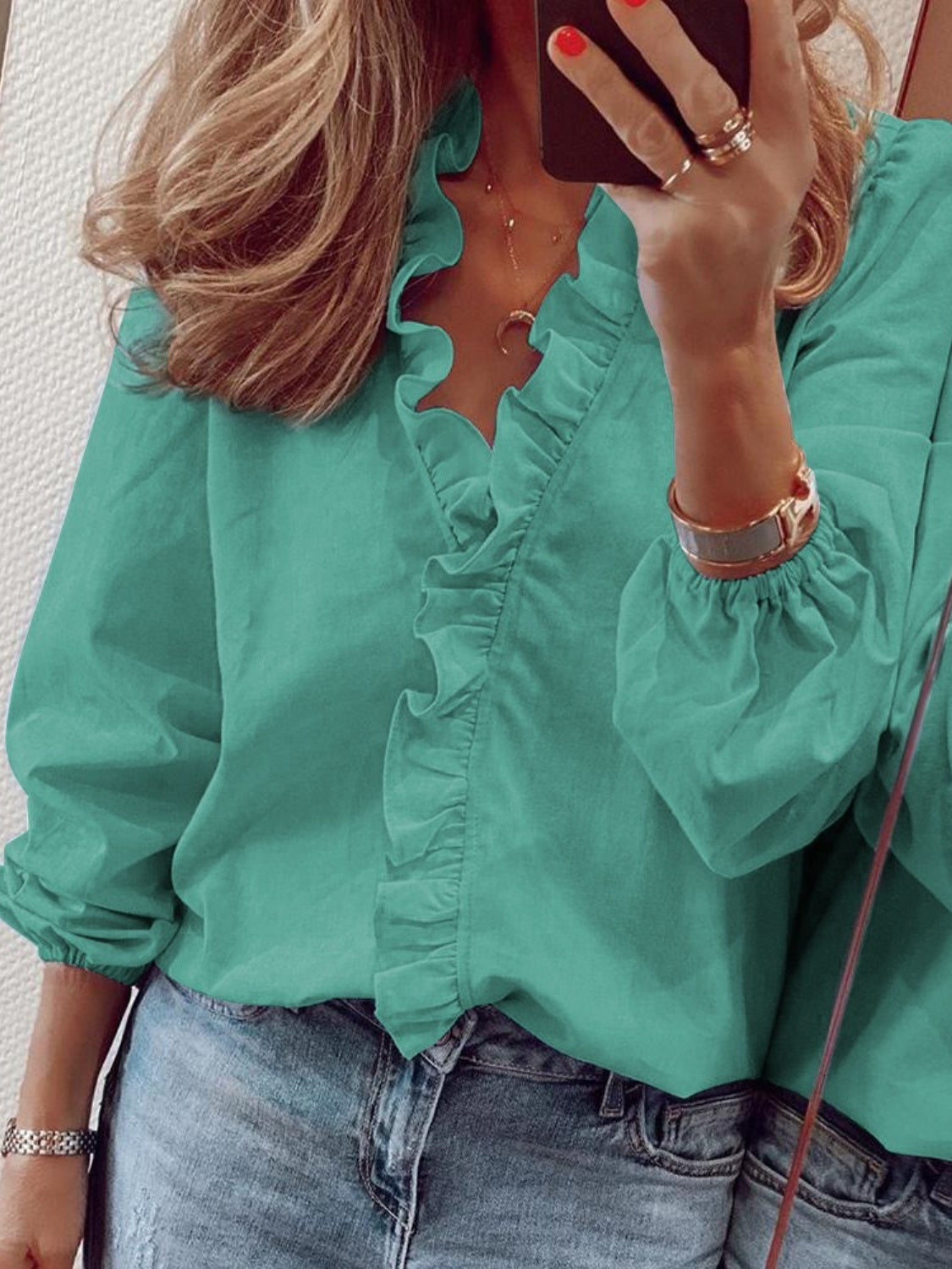 Blouse dames met ruche in Zeegroen