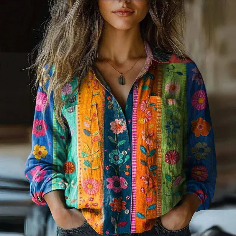 Boho vintage blouse dames - sierlijke vrouwelijke blouse met bohemian print