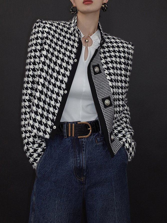 Cropped zwart-wit pied de poule damesjack met opstaande kraag