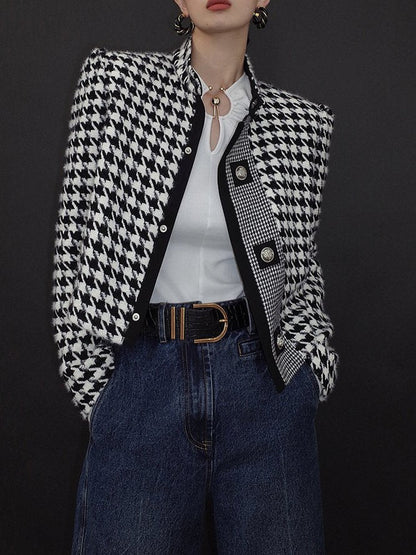 Cropped zwart-wit pied de poule damesjack met opstaande kraag