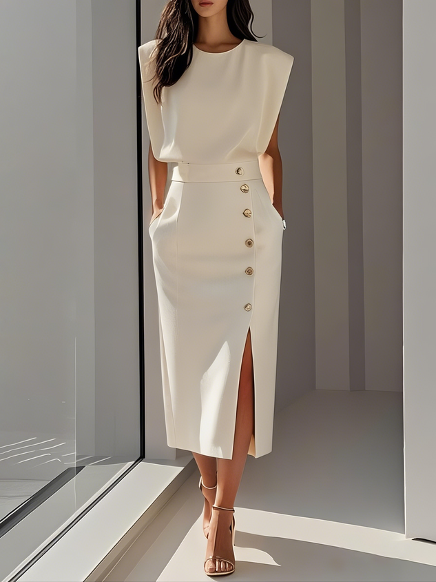 Midi jurk dames met knopen in beige - elegant silhouet met ronde halslijn