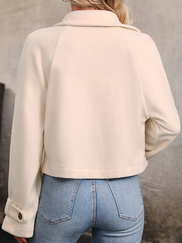 Crèmekleurig cropped damesjack van fleece met brede revers
