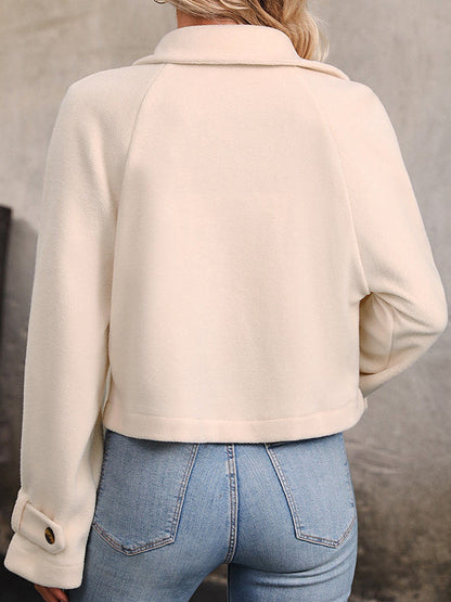 Crèmekleurig cropped damesjack van fleece met brede revers