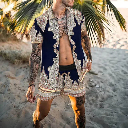 Zomerset heren in donkerblauw met paisleyprint, overhemd en short