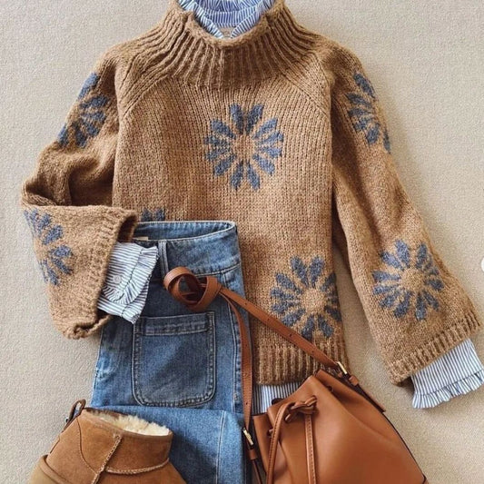 Gebreide trui met bloemenpatroon – Zachte warme wintertrui met vintage look