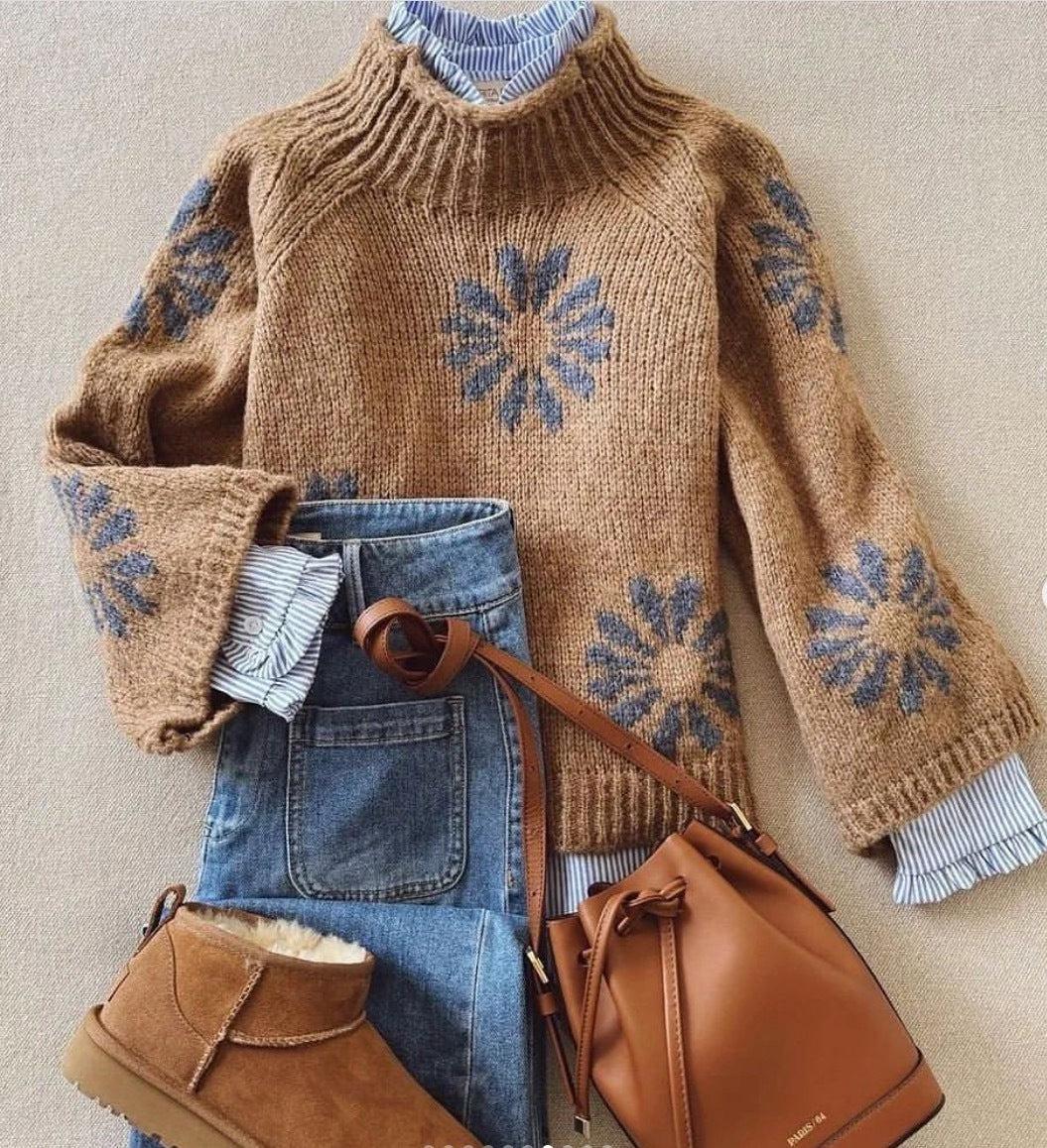 Gebreide trui met bloemenpatroon – Zachte warme wintertrui met vintage look