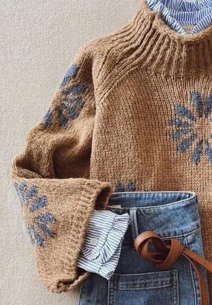 Gebreide trui met bloemenpatroon – Zachte warme wintertrui met vintage look