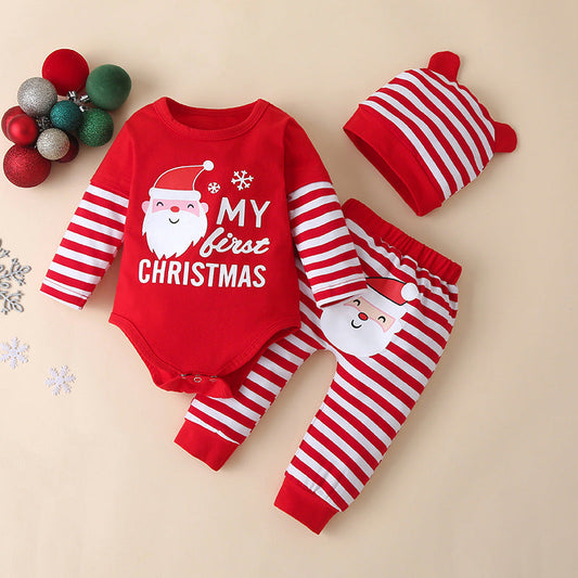 Babysetje met rode romper My first Christmas, gestreept broekje en mutsje