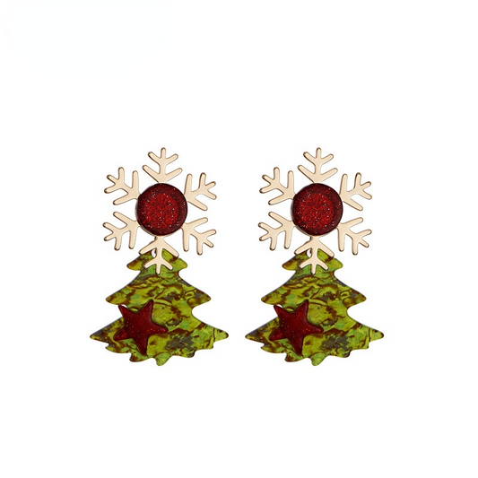 Kerstboom oorstekers met goudkleurige sneeuwvlok, rode glitter en een groen boompje met ster