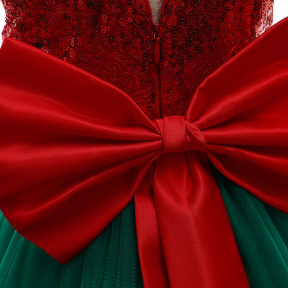 Kerstjurk voor meisjes met pailletten lijfje, tulen rok en grote strik